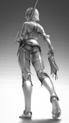  1girl absurdres anus armor bad_id bad_twitter_id barefoot breastplate closed_mouth from_behind from_below greaves greyscale highres holding holding_shoes holding_sword holding_weapon looking_at_viewer looking_back monochrome no_panties original profile pussy shoes unworn_shoes short_hair sideways_glance smile soles solo sword toes uncensored wass_nonnam weapon  rating:Explicit score:32 user:danbooru