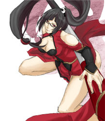  1girl arc_system_works black_bra black_hair blazblue blazblue:_calamity_trigger bra breasts china_dress chinese_clothes dress female_focus glasses lao_jiu lingerie litchi_faye_ling long_hair panda polearm ponytail red_eyes solo staff underwear vestal_doll weapon white_background 