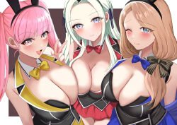  3girls absurdres alternate_breast_size animal_ears asymmetrical_docking black_hairband blonde_hair blue_bow blue_bowtie blue_eyes bow bowtie breast_press breasts bunny_garden cleavage closed_mouth commentary_request cosplay edelgard_von_hresvelg fake_animal_ears fire_emblem fire_emblem:_three_houses hair_bow hairband highres hilda_valentine_goneril kana_(bunny_garden) kana_(bunny_garden)_(cosplay) large_breasts leotard long_hair looking_at_viewer low-tied_long_hair mercedes_von_martritz miuka_(bunny_garden) miuka_(bunny_garden)_(cosplay) multiple_girls nintendo one_eye_closed open_mouth pink_bow pink_bowtie pink_eyes pink_hair playboy_bunny purple_eyes rabbit_ears red_bow red_bowtie rin_(bunny_garden) rin_(bunny_garden)_(cosplay) smile tara_(szzj7733) v white_hair 