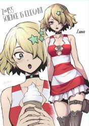  artist_request black_lips blonde_hair boots breasts choker cleavage dr._stone food ice_cream lipstick makeup striped wright_luna  rating:Sensitive score:21 user:Zerch