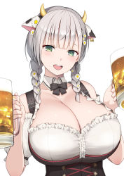  1girl alcohol animal_ears beer beer_mug blush braid breasts cleavage cow_ears cow_horns cup diisuke dirndl ear_tag fake_animal_ears fake_horns german_clothes green_eyes hands_up holding holding_cup hololive horns large_breasts looking_at_viewer medium_hair mug official_alternate_costume open_mouth shirogane_noel shirogane_noel_(dirndl) silver_hair simple_background smile solo twin_braids virtual_youtuber white_background  rating:Sensitive score:74 user:danbooru