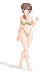  1girl absurdres barefoot bikini blush bow breasts brown_eyes brown_hair cleavage closed_mouth collarbone full_body geraldjess1 green_bikini hair_bow hand_up highres large_breasts long_hair medium_hair navel ranma_1/2 simple_background smile solo sparkle swimsuit tendou_kasumi toes walking white_background yellow_bow 