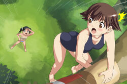  2girls ass black_hair blue_one-piece_swimsuit blush breasts brown_eyes brown_hair climbing_tree francesca_lucchini green_eyes hosoinogarou looking_at_another military_uniform miyafuji_yoshika multiple_girls one-piece_swimsuit open_mouth outdoors school_uniform short_hair small_breasts strike_witches swimsuit tree twintails uniform world_witches_series 