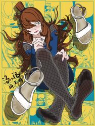 1girl blight_lush brown_hair feet fishnet_pantyhose fishnets green_eyes hair_over_one_eye hand_on_own_knee highres long_hair looking_at_viewer naruto_(series) pantyhose shoes soles terumi_mei toes unworn_shoes