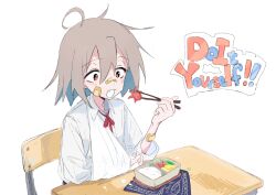  1girl ahoge arm_sling bandaid bandaid_on_arm bandaid_on_cheek bandaid_on_face bandaid_on_nose bento blue_hair blush bpqd broken_arm brown_hair cast chair chopsticks collared_shirt colored_inner_hair desk do_it_yourself!! eating fang food food_art hair_between_eyes hand_up highres holding holding_chopsticks looking_at_food multicolored_hair neck_ribbon open_mouth red_eyes red_ribbon ribbon school_chair school_desk school_uniform shirt simple_background sitting skin_fang sleeve_rolled_up solo tako-san_wiener upper_body white_background white_shirt yua_serufu 