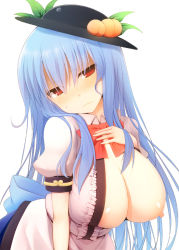 1girl alternate_breast_size blue_hair blush breast_slip breasts food fruit hanging_breasts hat hinanawi_tenshi huge_breasts kujiran large_breasts long_hair looking_at_viewer nipples one_breast_out peach red_eyes simple_background solo touhou white_background rating:Questionable score:57 user:danbooru