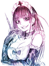  1girl breasts choker cleavage clenched_teeth commentary_request cross cross_earrings disorder! earrings elbow_gloves gloves highres holding holding_syringe jewelry large_breasts looking_at_viewer maid maid_headdress multiple_monochrome original sidelocks simple_background smile solo syringe teeth upper_body white_background 