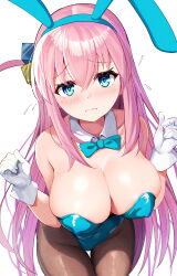  1girl 3: absurdres animal_ears aqua_bow aqua_bowtie aqua_eyes aqua_hairband aqua_leotard bare_shoulders blush bocchi_the_rock! bow bowtie breasts brown_pantyhose cleavage closed_mouth collar collarbone commentary_request covered_navel cube_hair_ornament detached_collar fake_animal_ears flying_sweatdrops frown gloves gotoh_hitori hair_ornament hairband highres karamete19 large_breasts leaning_forward leotard long_hair looking_at_viewer one_side_up pantyhose pink_hair playboy_bunny rabbit_ears simple_background solo strapless strapless_leotard thighs white_background white_collar white_gloves  rating:Sensitive score:14 user:danbooru