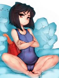  1girl arcana_heart backpack bag bare_arms bare_shoulders barefoot black_hair blush_stickers brown_hair cameltoe closed_mouth commentary_request covered_navel crossed_arms daidouji_kira fat_mons feet female_focus flat_chest full_body fumio_(rsqkr) highres looking_at_viewer nipples one-piece_swimsuit randoseru school_swimsuit short_hair simple_background slime_(creature) solo swimsuit thighs white_background  rating:Questionable score:46 user:danbooru