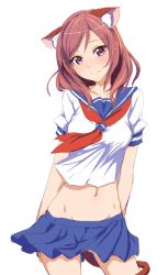 10s 1girl animal_ears cat_ears cat_tail clearite highres looking_at_viewer love_live! love_live!_school_idol_project midriff navel nishikino_maki purple_eyes red_hair school_uniform serafuku skirt solo tail white_background rating:Questionable score:43 user:CakeAndTea