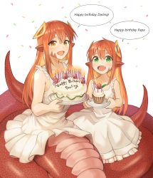 2girls :d absurdres bare_shoulders birthday birthday_cake cake candle child collarbone commission confetti cupcake dress english_text eyelashes fang food green_eyes hair_between_eyes hair_ornament hairclip happy happy_birthday highres holding if_they_mated lamia long_hair looking_at_viewer miia_(monster_musume) mika_(miiafag) monster_girl monster_musume_no_iru_nichijou mother_and_daughter multiple_girls open_mouth original plate pointy_ears pov red_hair scales sidelocks simple_background sleeveless slit_pupils smile sookmo speech_bubble tail white_background white_dress yellow_eyes rating:Sensitive score:107 user:danbooru