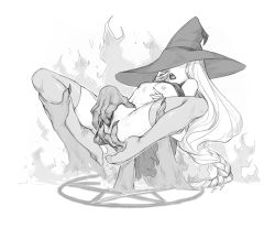 breasts clothes_lift commentary covered_eyes demon dress dress_lift english_commentary fingering fingernails fire greyscale hand_up hat liche_(wiggly_liche) magic_circle monochrome nipples open_mouth original pentagram pussy sharp_fingernails small_breasts spread_legs summon thighhighs vaginal witch witch_hat rating:Explicit score:83 user:danbooru