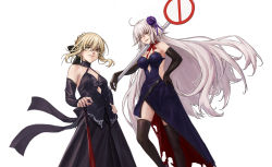  2girls ahoge artoria_pendragon_(all) asagami_(hnt16303310) baseball_bat black_dress black_legwear blonde_hair braid breasts dress fate/grand_order fate/stay_night fate_(series) hair_ribbon holding holding_baseball_bat jeanne_d&#039;arc_(alter)_(fate) jeanne_d&#039;arc_(fate)_(all) long_hair looking_at_viewer multiple_girls one_eye_closed ribbon road_sign saber_alter sign silver_hair simple_background thighhighs very_long_hair white_background yellow_eyes 