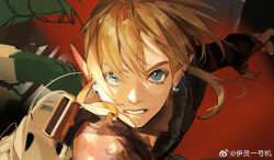  1boy backpack bag belt bishounen black_gloves blonde_hair blue_eyes blue_tunic bracer brown_belt chest_belt chinese_commentary clenched_teeth collared_shirt commentary_request earrings eyelashes fingerless_gloves gloves hoop_earrings jewelry leaning_forward link long_sleeves looking_at_viewer male_focus nintendo pointy_ears red_background shirt short_hair_with_long_locks shoulder_bag solo teeth the_legend_of_zelda the_legend_of_zelda:_breath_of_the_wild thick_eyebrows upper_body v-shaped_eyebrows weibo_watermark white_bag white_shirt yi_ling_yi_hao_ji 