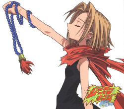  1girl arm_up bare_arms bare_shoulders beads black_dress breasts closed_eyes collarbone dress expressionless japanese_text kyouyama_anna light_brown_hair logo non-web_source official_art prayer_beads scan shaman_king sleeveless sleeveless_dress solo white_background xebec 