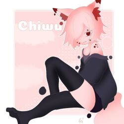  1boy animal_ears artist_name black_thighhighs border character_sheet closed_mouth fox fox_boy fox_ears fox_tail furry furry_male hair_ornament hair_over_one_eye long_sleeves looking_at_viewer loose_clothes loose_shirt medium_hair official_art outside_border pink_background pink_hair pointy_ears purilumpia red_hair shirt short_hair shorts signature simple_background smile solo sweater tail thighhighs watermark white_border 