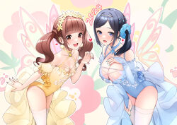  2girls black_hair blue_eyes blush breasts brown_hair butterfly_wings cowboy_shot healin&#039;_good_precure highres hiramitsu_hinata insect_wings large_breasts leotard long_hair multiple_girls open_mouth ponytail precure rumo sawaizumi_chiyu scrunchie showgirl_skirt small_breasts smile strapless strapless_leotard thighhighs twintails white_thighhighs wings  rating:Sensitive score:4 user:danbooru