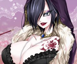  1girl black-mamba black_hair breasts cleavage eyeshadow gem hair_over_one_eye heart huge_breasts jewelry large_breasts lipstick looking_at_viewer madame_shirley makeup necklace one_piece pearl_(gemstone) smoking_pipe red_lips sharp_teeth short_hair slit_pupils solo tattoo teeth 
