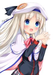  1girl :d beret black_jacket black_ribbon blue_eyes blush bow cape commentary_request eyes_visible_through_hair hands_up happy hat hat_ribbon highres jacket kudpoid_(71139) light_brown_hair little_busters! little_busters!_school_uniform long_hair long_sleeves looking_at_viewer noumi_kudryavka open_mouth parted_bangs pink_bow ribbon school_uniform sidelocks signature simple_background smile solo steepled_fingers straight_hair tareme upper_body white_background white_cape white_hat 