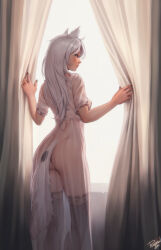  1girl animal_ears artist_name ass black_thighhighs borrowed_character breasts curtain_grab curtains dress from_behind highres long_dress long_sleeves medium_breasts opening_curtains original personal_ami see-through see-through_dress short_sleeves standing tail thighhighs white_hair window wolf_ears wolf_girl wolf_tail 
