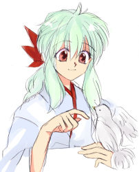  1girl bird female_focus green_hair japanese_clothes kimono long_hair red_eyes scar-let smile solo white_background yukina_(yu_yu_hakusho) yuu_yuu_hakusho 