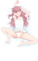  1girl absurdres artist_request barefoot bed blush bow camisole collarbone dakimakura_(medium) feet flat_chest hair_bow highres loli long_hair looking_at_viewer one_eye_closed orange_eyes panties red_hair rin_(shelter) shelter_(song) smile underwear white_camisole white_panties wink  rating:Questionable score:31 user:fairless_polly