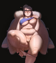 1girl barefoot beads belly black_background black_hair bracelet breast_slip breasts brown_eyes brown_hair cleft_of_venus clothes_lift coat curvy eyebrows fat_rolls female_focus female_pubic_hair fupa fur_trim glasses hair_bun hair_ornament hair_stick hairpin inverted_nipples jewelry large_breasts lifting_own_clothes lying mei_(overwatch) navel nipples no_bra on_back one_breast_out overwatch overwatch_1 panties panty_pull plump pubic_hair pulling_own_clothes pussy shirt_lift simple_background single_hair_bun solo sparse_pubic_hair sweat swept_bangs tank_top thick_thighs thighs triuni uncensored underwear undressing wide_hips winter_clothes winter_coat rating:Explicit score:384 user:dmysta3000