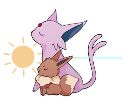 closed_eyes creatures_(company) eevee espeon forehead_jewel forked_tail game_freak gen_1_pokemon gen_2_pokemon mjoyart nintendo pokemon pokemon_(creature) sitting smile sun tail white_background