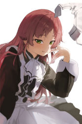  1girl aisha_greyrat apron ascot black_dress blurry blush child depth_of_field dress fang green_eyes hand_on_own_face hand_up highres light_blush light_smile long_hair long_sleeves maid maid_apron mushoku_tensei red_hair shuohis sitting solo white_apron white_ascot white_background 