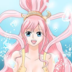  1girl bikini blue_eyes blush_stickers bubble commentary_request eccufrikdk29709 fish_hair_ornament hagoromo hair_ornament half_updo highres long_hair looking_at_viewer one_piece open_mouth pink_hair shawl shirahoshi sidelocks smile solo swimsuit teeth underwater upper_body upper_teeth_only very_long_hair yellow_bikini 