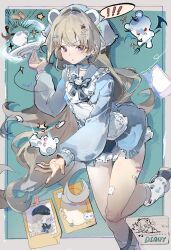  ! !! 1girl :o animal_ears apron bandaid_on_thigh bear bear_brooch bear_ears black_footwear blonde_hair blue_background blue_bow blue_bowtie blue_choker blue_dress blue_hat blue_jacket border bow bowtie candy_hair_ornament catching cherry_hair_ornament chinese_commentary choker collared_dress commentary_request commission dress feet_out_of_frame food-themed_hair_ornament frilled_apron frilled_bowtie frilled_choker frilled_dress frilled_headwear frills hair_ornament hairclip hat head_scarf highres jacket knees leg_up long_hair long_sleeves magic open_clothes open_jacket original outside_border outstretched_arm palms parted_lips photo_(object) puffy_long_sleeves puffy_sleeves purple_eyes ribbon-trimmed_apron ribbon_trim sample_watermark shoes short_dress solo sparkle spoken_exclamation_mark sweater_jacket tape ttoki v-shaped_eyebrows very_long_hair watermark white_apron white_border white_leg_warmers 