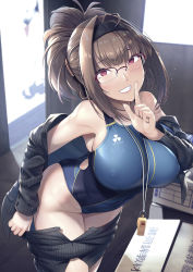 1girl bare_shoulders black_coat black_hairband black_skirt blue_one-piece_swimsuit blush breasts brown_hair coat commentary_request competition_swimsuit covered_erect_nipples formal glasses hair_intakes hair_ornament hairband hand_up hassen_(8cm) highres large_breasts long_hair looking_at_viewer mole mole_under_eye one-piece_swimsuit original parted_lips pinstripe_pattern pinstripe_skirt purple_eyes skirt smile solo striped suit swimsuit teeth whistle rating:Questionable score:37 user:danbooru