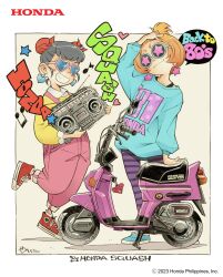 2girls ad anji_(genie&#039;s_motorcycle_life) blue-framed_eyewear blue-tinted_eyewear blue_footwear blue_sweater boombox bun_cover closed_mouth commentary copyright_notice english_commentary full_body genie&#039;s_motorcycle_life genie_(genie&#039;s_motorcycle_life) grey_hair grin heart heart-shaped_eyewear highres holding_boombox honda motor_vehicle multiple_girls official_art orange_hair overalls pants pink-framed_eyewear pink_overalls print_sweater purple_pants red_footwear scooter sekihan shirt short_hair simple_background smile spaghetti_strap speech_bubble striped_clothes striped_pants sweater tinted_eyewear vehicle_name yellow_shirt