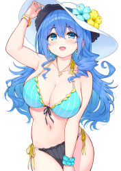  1girl arm_up armpits bangle bare_shoulders bikini blue_bikini blue_eyes blue_hair blue_nails bracelet breasts cleavage cowboy_shot cu-no drill_hair earrings flower front-tie_bikini_top front-tie_top halterneck hat hat_flower hibiscus highres hisen_kaede jewelry kohitsuji_ai large_breasts long_hair looking_at_viewer nail_polish navel necklace open_mouth original scrunchie side-tie_bikini_bottom simple_background smile solo stomach strap_gap string_bikini striped_bikini striped_clothes sun_hat swimsuit white_background white_headwear wrist_scrunchie 