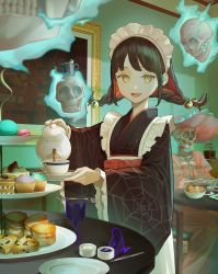 1girl 1other bell biscuit_(bread) black_hair braid cake chair cup cupcake dress floating_skull food glowing hair_bell hair_ornament hat highres holding holding_tray japanese_clothes kimono long_hair macaron maid matsu_bokkuri multicolored_hair open_mouth original pink_dress red_hair saucer skeleton skull smile solo spider_web_print streaked_hair table tea teacup teapot tray twin_braids undead wa_maid yellow_eyes rating:General score:7 user:danbooru