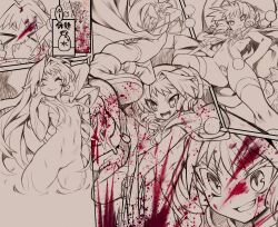 &gt;_&lt; 1girl absurdres attack axe battle battle_axe blood blood_on_face capelet commentary_request commission completely_nude fang flat_chest gat_(korean_traditional_hat) highres holding holding_axe kuroinu_~kedakaki_seijo_wa_hakudaku_ni_somaru~ lineart loli long_hair monochrome multiple_views navel nude one_eye_closed ruu_ruu sasaki_shou smile spot_color thighhighs translation_request wading water weapon 