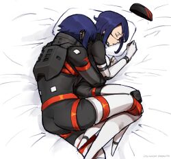  2girls a_mimir_(meme) android armor ass bed_sheet blue_hair bob_cut choppy_bangs commentary cuddling decayedparasite english_commentary eule_(signalis) garrison_cap hat head_on_another&#039;s_back highres hug hug_from_behind looking_at_another lying mechanical_arms mechanical_legs meme multiple_girls on_bed on_side open_mouth pillow short_hair sierpinski_triangle signalis simple_background sleeping spooning star_(signalis) thighhighs unworn_hat unworn_headwear wrinkled_fabric yuri zettai_ryouiki 