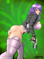  blue_hair breasts fingerless_gloves ghost_in_the_shell ghost_in_the_shell_stand_alone_complex gloves gun handgun kusanagi_motoko leotard pzero short_hair simple_background solo thighhighs weapon  rating:Sensitive score:1 user:Theoldmonk