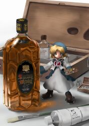  1girl alcohol blonde_hair blue_hat blue_jacket bottle brown_footwear closed_mouth dress english_text full_body green_eyes grey_dress hair_tubes hat highres holding holding_palette jacket long_sleeves looking_at_viewer mini_person minigirl paintbrush palette_(object) pixiv pixiv-tan short_hair smile solo soutasan standing suntory translation_request whiskey 
