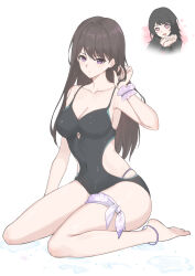  2girls absurdres anklet bang_dream! bang_dream!_it&#039;s_mygo!!!!! barefoot black_hair black_jacket black_one-piece_swimsuit breasts brown_hair chinese_commentary cleavage closed_mouth collarbone commentary_request covered_navel earrings full_body hand_up heart heart_in_eye highres jacket jewelry long_hair long_sleeves looking_at_viewer medium_breasts medium_hair mole mole_under_eye multiple_girls official_alternate_costume one-piece_swimsuit own_hands_together purple_eyes shiina_taki simple_background sitting stud_earrings swimsuit symbol_in_eye unique_(pixiv12704744) upper_body wariza white_background yahata_umiri 