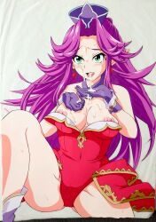 1girl absurdres after_fellatio angela_(seiken_densetsu_3) bare_shoulders breasts breasts_out cameltoe collarbone covered_navel crown cum cum_in_mouth cum_on_body cum_on_breasts cum_on_tongue cum_on_upper_body cumdrip earrings facial female_focus gem gloves green_eyes hair_intakes hasamimushi highres jewelry large_breasts leotard long_hair navel necklace open_mouth parted_bangs pointy_ears purple_hair red_gemstone red_leotard red_skirt seiken_densetsu seiken_densetsu_3 showgirl_skirt sidelocks sitting skirt solo square_enix swept_bangs thick_thighs thighs tongue tongue_out very_long_hair