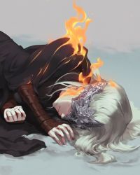  1girl arm_wrap black_robe blindfold burning closed_mouth commentary covered_eyes dark_souls_(series) dark_souls_iii facing_viewer fire fire_keeper grey_background highres jewelry jiro_(ninetysix) long_hair lying mask necklace on_side robe silver_hair solo upper_body  rating:Sensitive score:14 user:danbooru