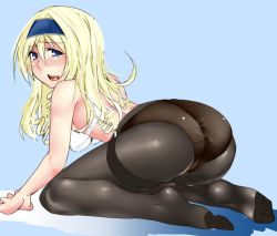  10s 1girl ass back blonde_hair blue_eyes blush bra breasts cecilia_alcott curly_hair drill_hair feet female_focus gradient_background hairband infinite_stratos lingerie long_hair open_mouth panties pantyhose soles solo toes underwear  rating:Questionable score:38 user:mip