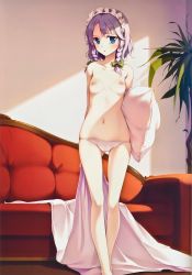  1girl absurdres arm_behind_back bare_legs blanket blue_eyes blush bow braid breasts couch female_focus hair_bow highres indoors izayoi_sakuya ke-ta looking_at_viewer lowleg maid_headdress navel nipples no_bra panties panties_only pillow plant purple_hair silver_hair small_breasts solo standing stomach thighs topfreedom topless touhou twin_braids underwear underwear_only white_panties  rating:Questionable score:249 user:danbooru