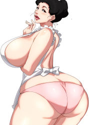  1girl apron ass black_hair breasts brown_eyes gigantic_breasts highres housewife huge_ass lips lipstick makeup mature_female original panties pink_panties short_hair sideboob simple_background skindentation solo tamanegiya thick_lips thick_thighs thighs underwear white_background  rating:Questionable score:136 user:danbooru