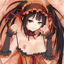  10s 1girl biglove black_hair breasts breasts_out clock_eyes clothes_pull dakimakura_(medium) date_a_live dress_pull dual_persona hairband heterochromia large_breasts lolita_fashion lolita_hairband long_hair looking_at_viewer nipples red_eyes smile solo strap_pull symbol-shaped_pupils tokisaki_kurumi twintails upper_body yellow_eyes 