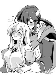  1boy 1girl bare_shoulders blush breasts brother_and_sister cape circlet closed_eyes fire_emblem fire_emblem:_genealogy_of_the_holy_war greyscale headband holding hug hug_from_behind implied_incest jewelry julia_(fire_emblem) long_hair monochrome nintendo open_mouth ponytail seliph_(fire_emblem) siblings yukia_(firstaid0) 