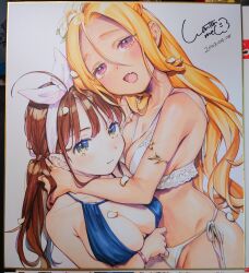  2girls ahoge arm_under_breasts armlet artist_name between_breasts bikini blonde_hair blue_bikini blue_eyes blush bow bracelet breasts brown_hair chin_rest cleavage closed_mouth commentary_request dated fang flower hair_between_eyes hair_bow hair_flower hair_ornament hair_ribbon head_on_head head_rest highres hug jewelry light_blush long_hair looking_at_viewer medium_breasts millipen_(medium) multicolored_eyes multiple_girls multiple_rings open_mouth original petals photo_(medium) pink_eyes pinky_ring raised_eyebrows ribbon ring shikishi side-tie_bikini_bottom side_ponytail signature skin_fang swimsuit thumb_ring traditional_media wantan_meo white_bikini white_flower yellow_eyes 