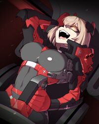  1girl absurdres armored_bodysuit armored_core armored_core_6 armored_leotard azur_lane blonde_hair bodysuit breasts fortified_suit glowing glowing_eyes highres hyperbudd large_breasts original roon_(azur_lane) skin_tight solo yandere yandere_trance yellow_eyes 