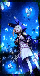 1girl animal_ear_hood blonde_hair blue_butterfly bug butterfly commission dress fake_animal_ears hinata_(echoloveloli) hood insect night night_sky open_mouth original outdoors purple_eyes skeb_commission sky solo_focus star_(sky) starry_sky white_dress 